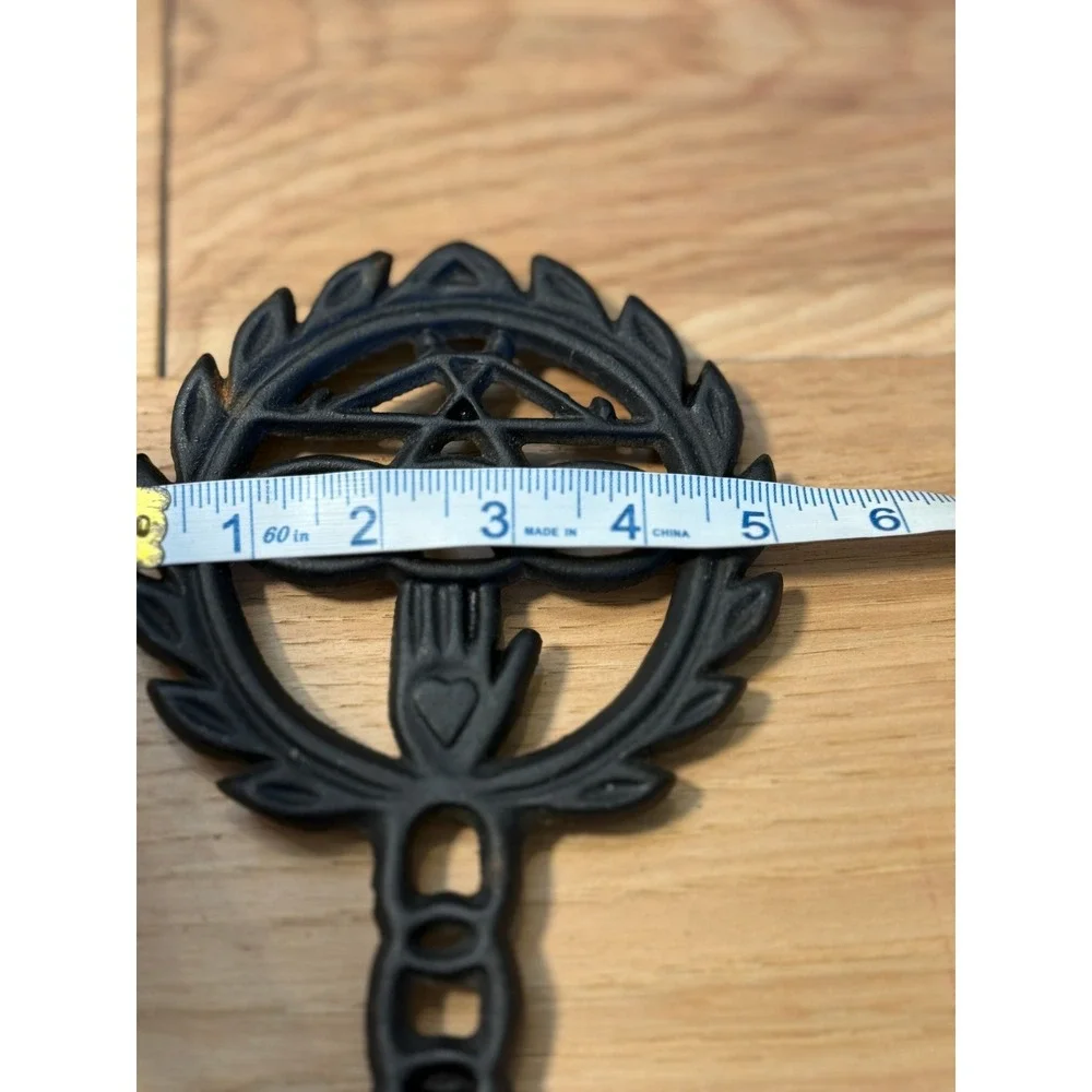 Vintage Cast Iron Trivet Hand with Heart Footed 8in Black 1960s Folk Art 405